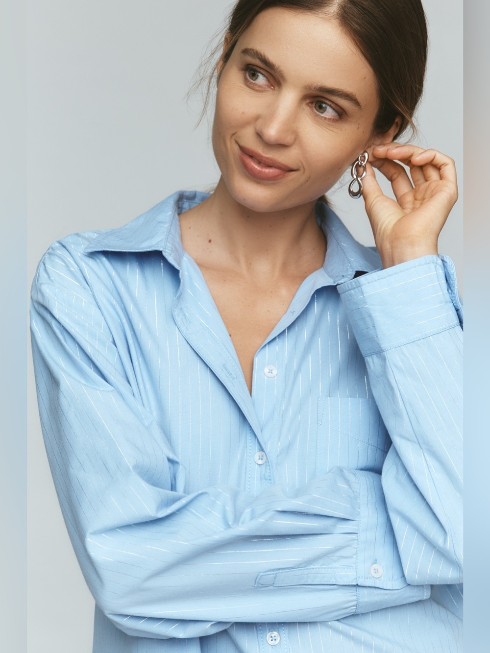 Anthropologie || Maeve The Shrunken Bennet Lurex Stripe Buttondown Shirt Blue S